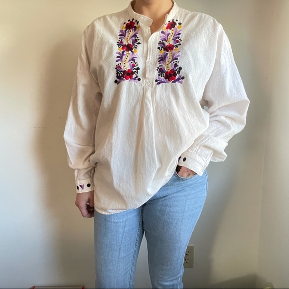 Vintage Floral Embroidered  Women's Long Sleeve Boho Minimalist 100% Cotton - Picture 2 of 9